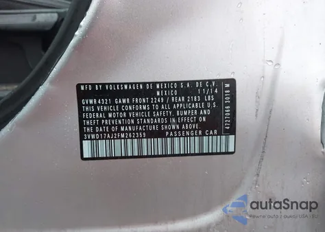 2015 Volkswagen Jetta 1.8T Se из США, поврежденный, VIN 3VWD17AJ2FM262359